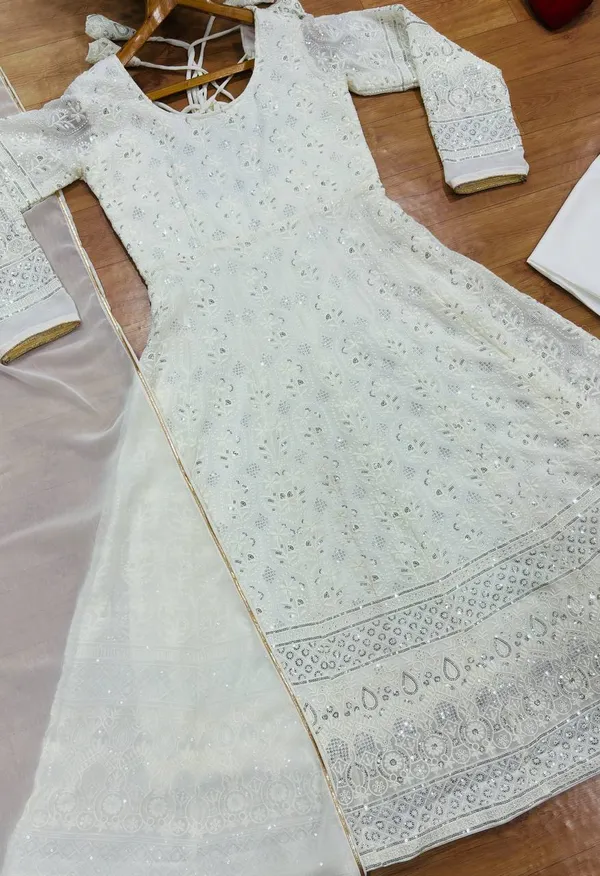White Embroidered Anarkali Suit Set with Gota Patti Dupatta