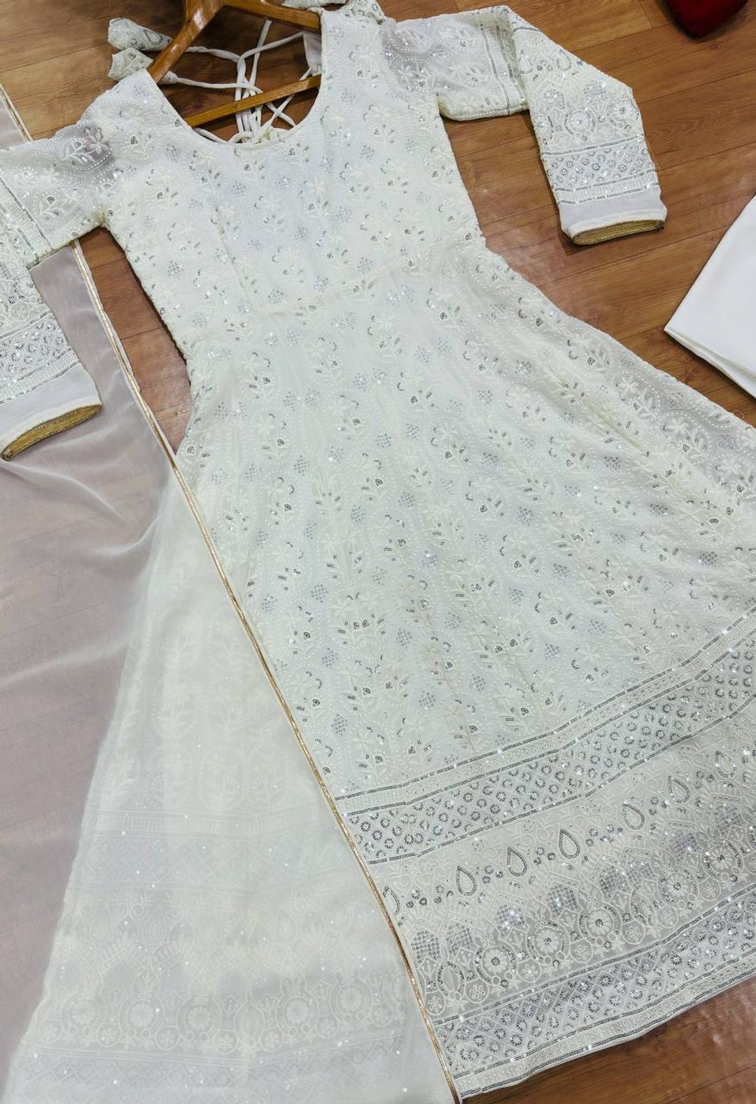 White Embroidered Anarkali Suit Set with Gota Patti Dupatta