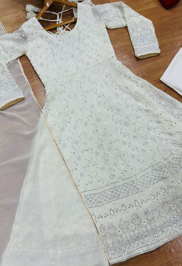White Embroidered Anarkali Suit Set with Gota Patti Dupatta