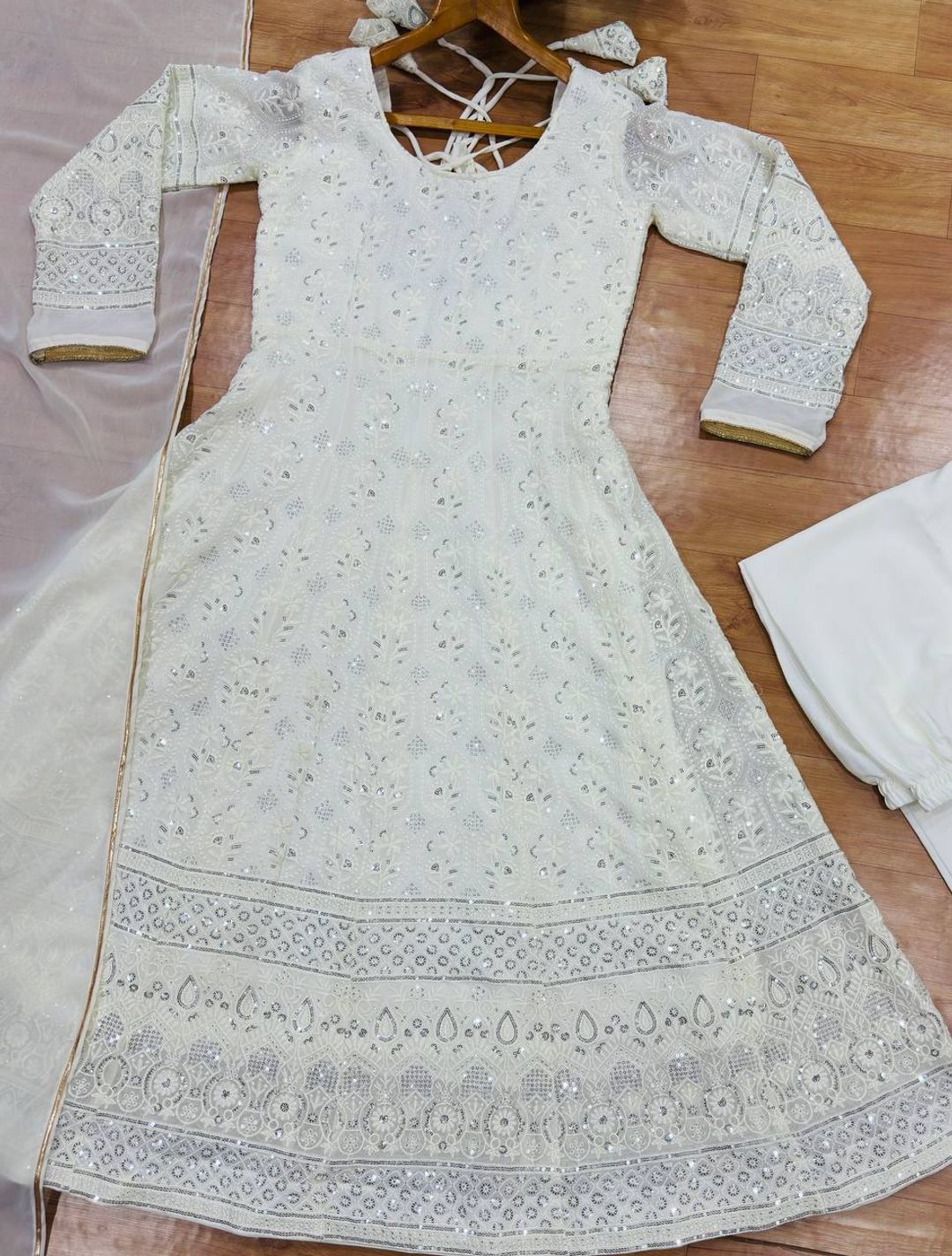 White Embroidered Anarkali Suit Set with Gota Patti Dupatta