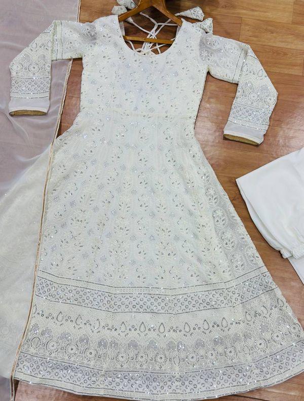 White Embroidered Anarkali Suit Set with Gota Patti Dupatta