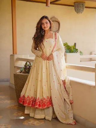 Cream Embroidered Silk Anarkali Suit Set with Sarara | Varnavi