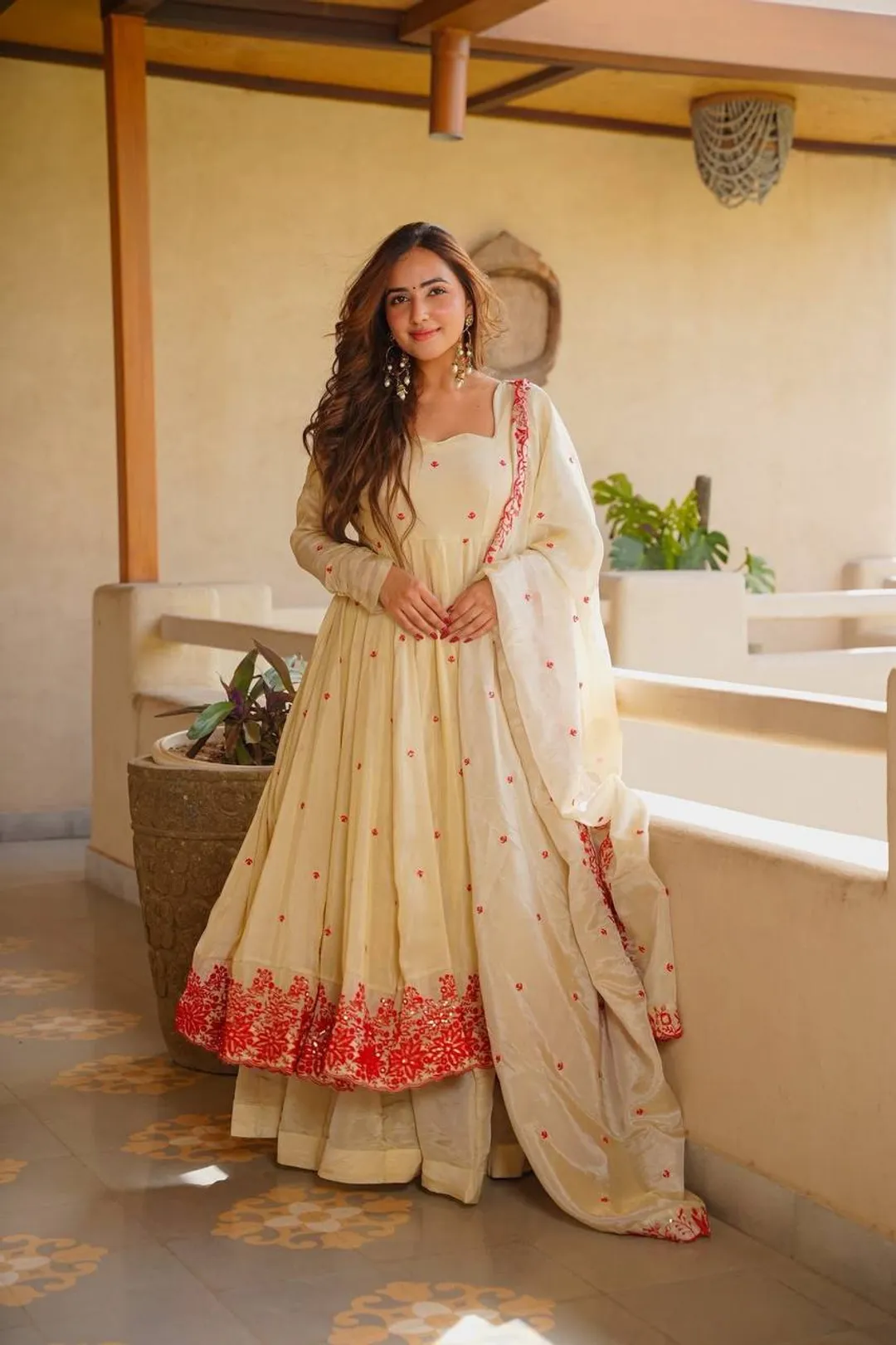 Cream Embroidered Silk Anarkali Suit Set with Sarara | Varnavi