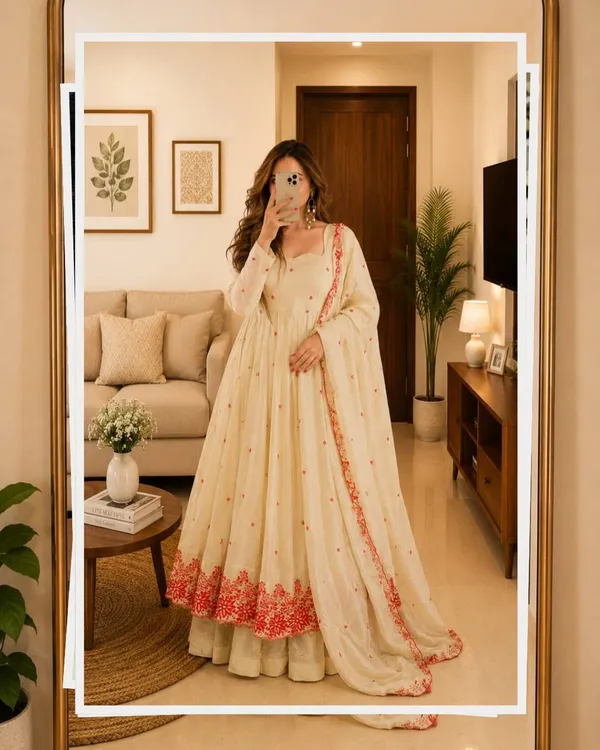 Cream Embroidered Silk Anarkali Suit Set with Sarara | Varnavi