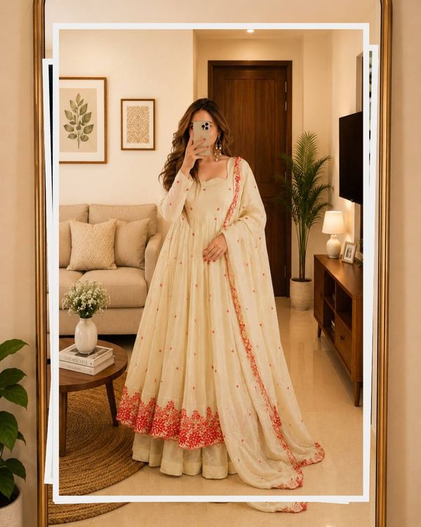 Cream Embroidered Silk Anarkali Suit Set with Sarara | Varnavi