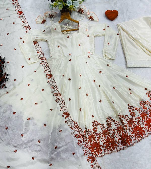 Cream Embroidered Silk Anarkali Suit Set with Sarara | Varnavi