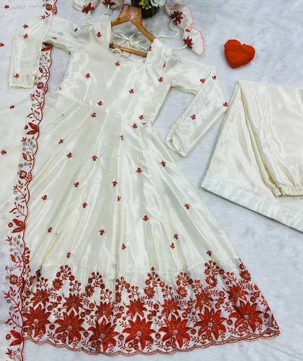 Cream Embroidered Silk Anarkali Suit Set with Sarara | Varnavi