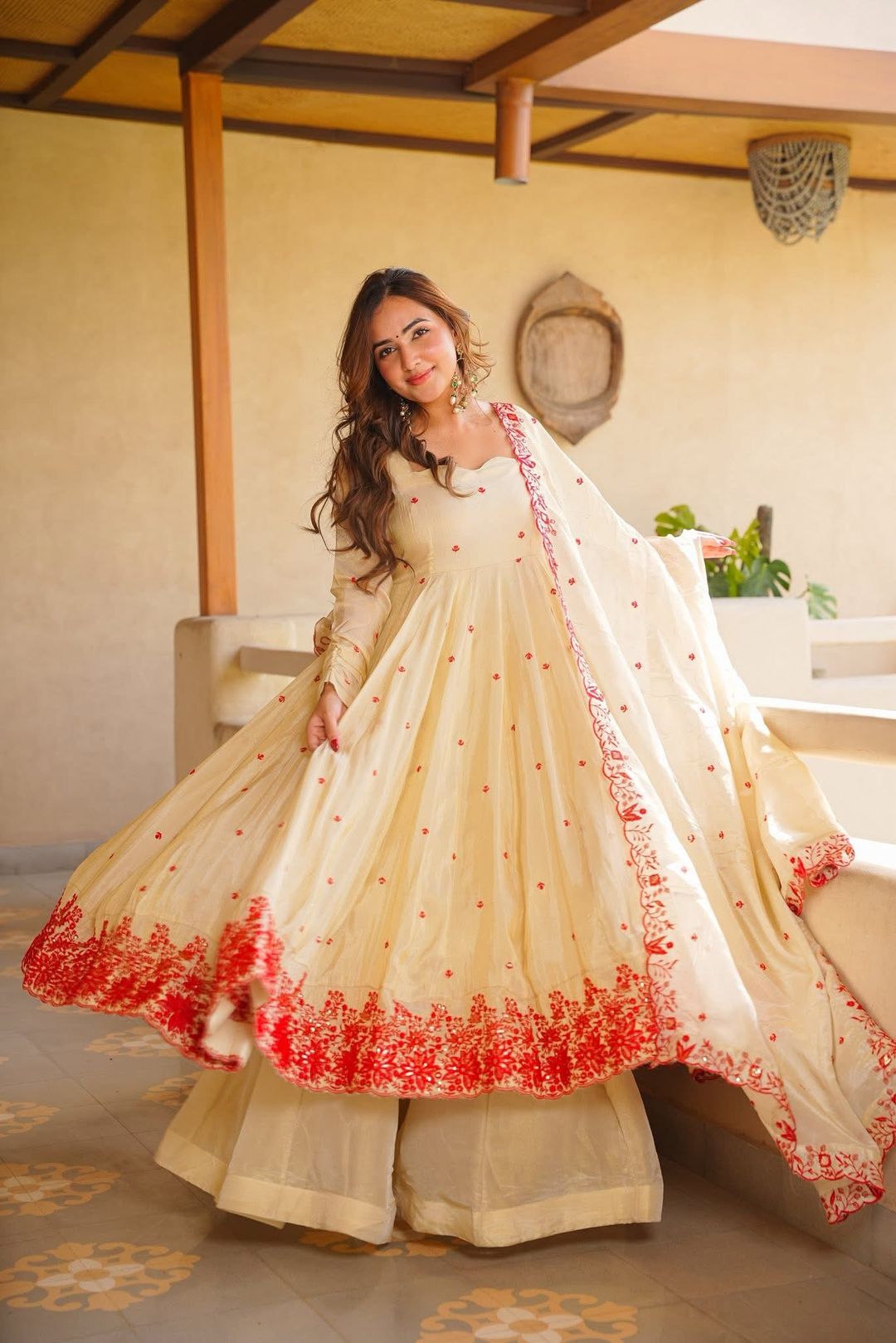 Cream Embroidered Silk Anarkali Suit Set with Sarara | Varnavi