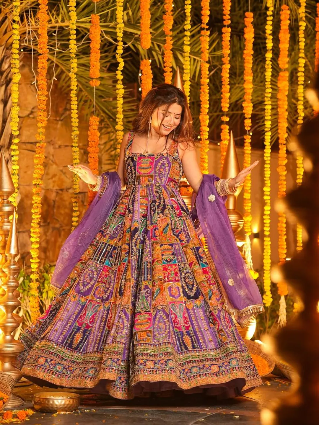 Multicolor Embroidered Crepe Maxi Suit Set for Festive Wear