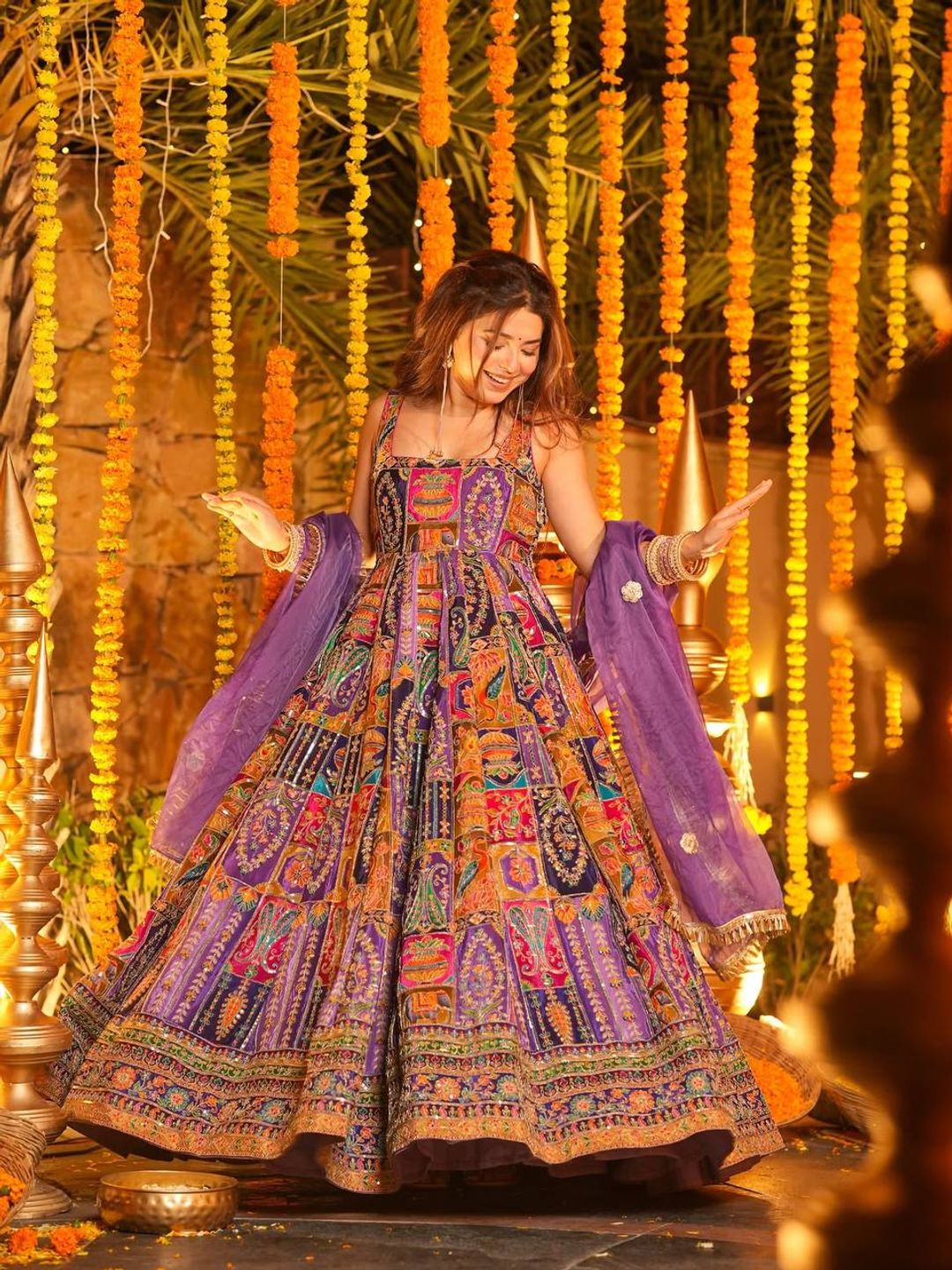 Multicolor Embroidered Crepe Maxi Suit Set for Festive Wear
