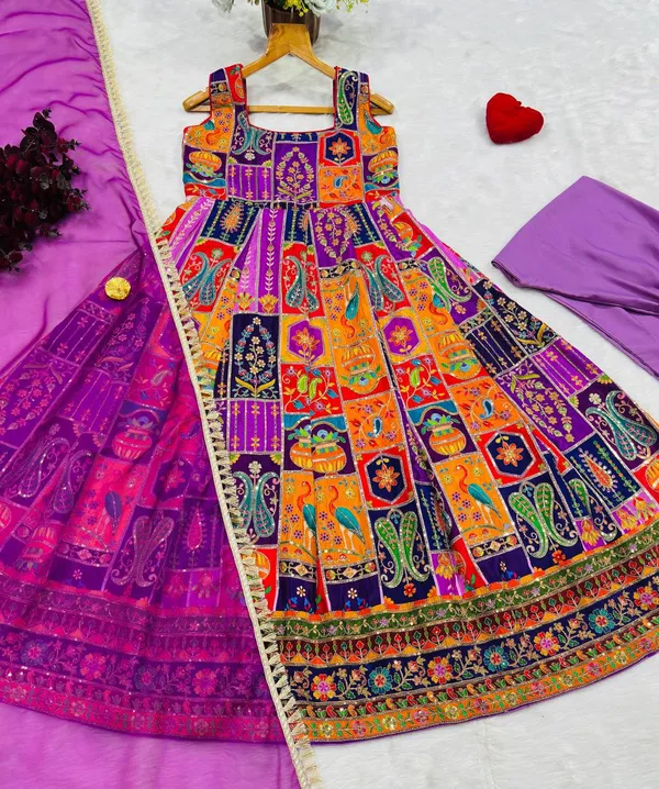 Multicolor Embroidered Crepe Maxi Suit Set for Festive Wear