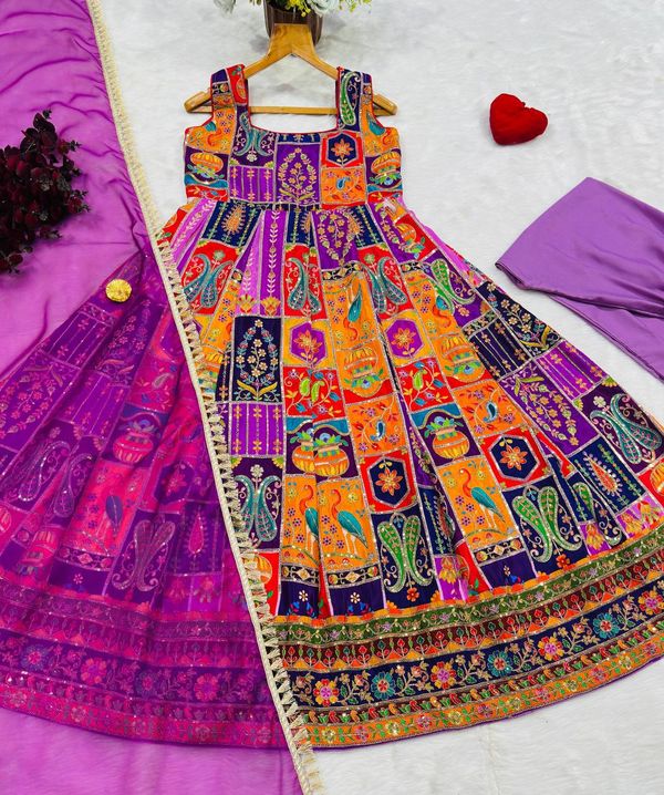 Multicolor Embroidered Crepe Maxi Suit Set for Festive Wear