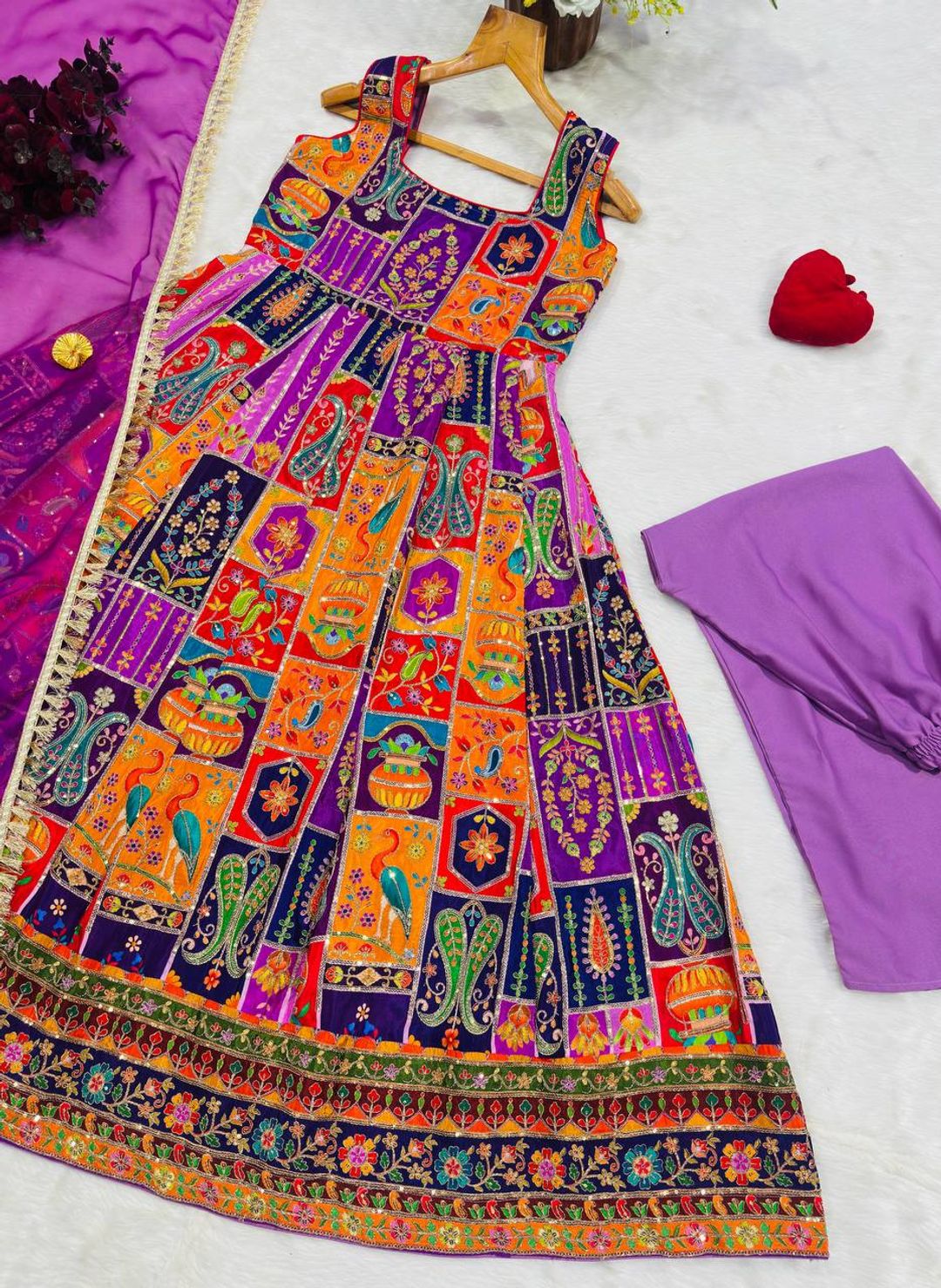 Multicolor Embroidered Crepe Maxi Suit Set for Festive Wear