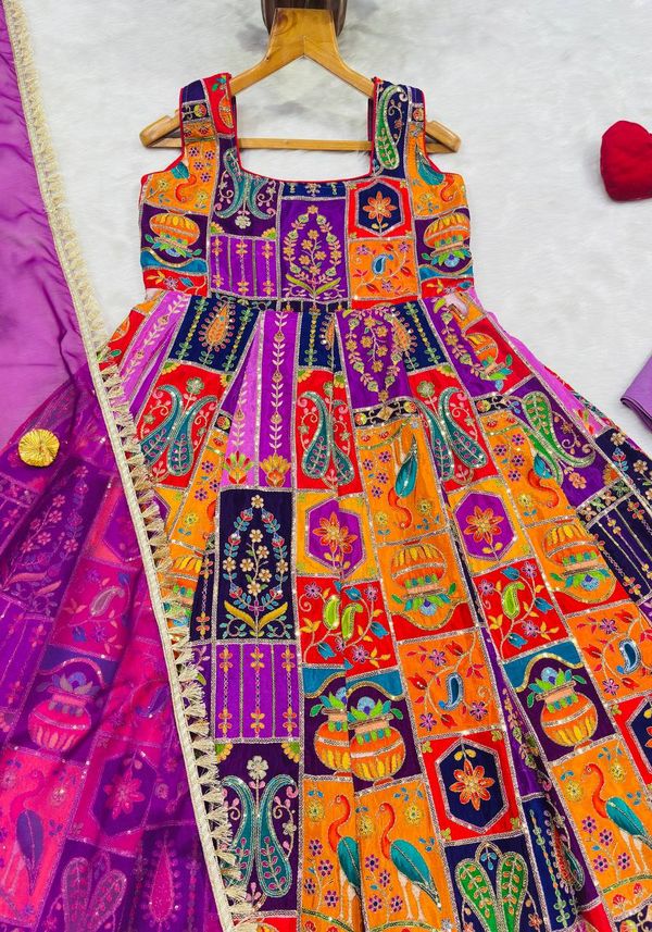 Multicolor Embroidered Crepe Maxi Suit Set for Festive Wear