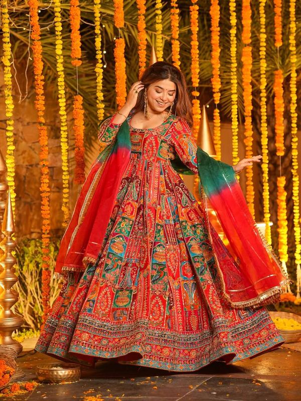 Multicolor Embroidered Crepe Maxi Suit Set for Festive Wear