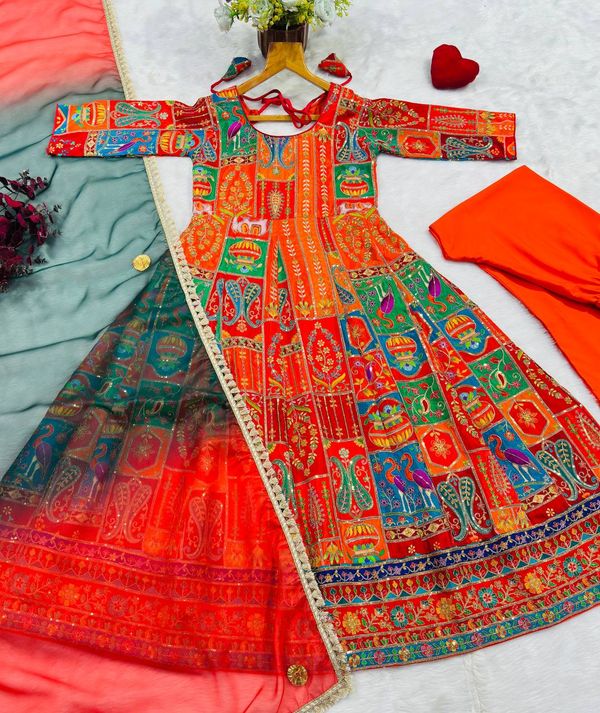 Multicolor Embroidered Crepe Maxi Suit Set for Festive Wear
