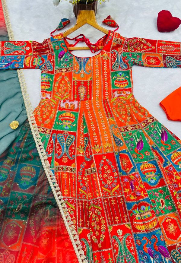 Multicolor Embroidered Crepe Maxi Suit Set for Festive Wear