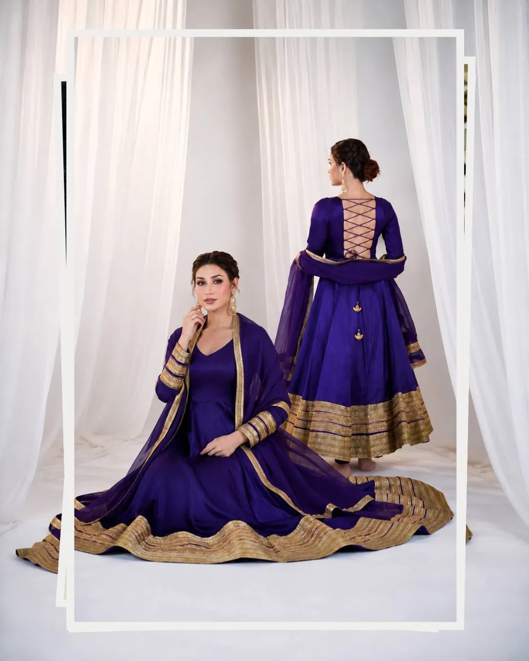 Purple Silk Anarkali Suit Set with Embroidery & Sequin Work