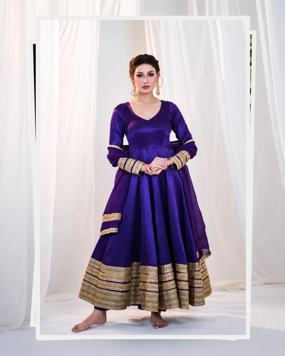 Purple Silk Anarkali Suit Set with Embroidery & Sequin Work