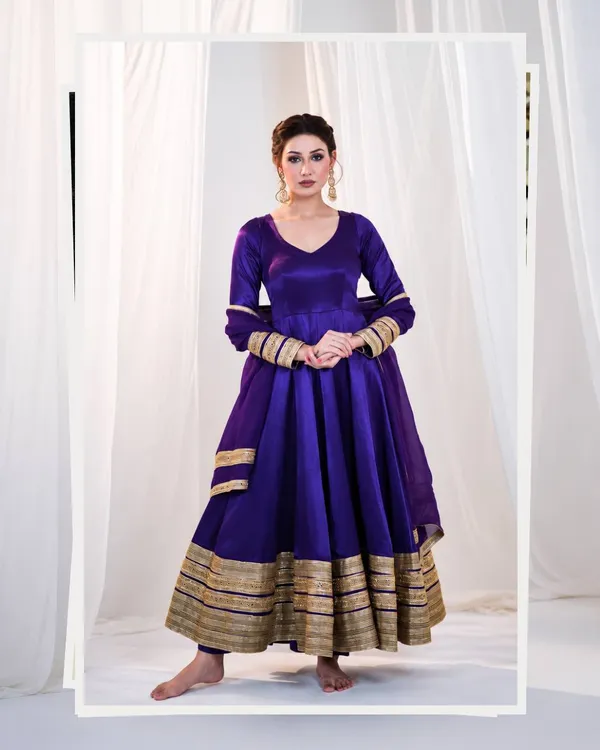 Purple Silk Anarkali Suit Set with Embroidery & Sequin Work