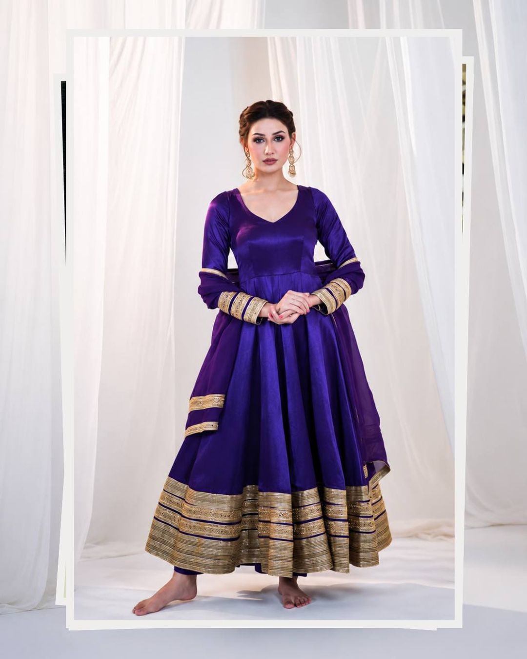 Purple Silk Anarkali Suit Set with Embroidery & Sequin Work