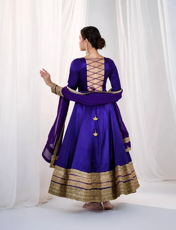 Purple Silk Anarkali Suit Set with Embroidery & Sequin Work