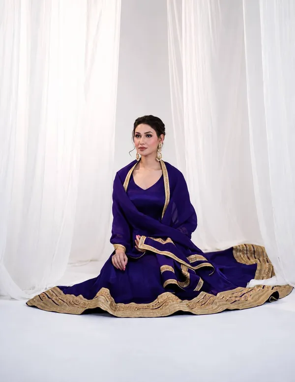 Purple Silk Anarkali Suit Set with Embroidery & Sequin Work