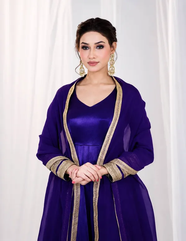 Purple Silk Anarkali Suit Set with Embroidery & Sequin Work