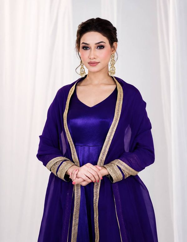 Purple Silk Anarkali Suit Set with Embroidery & Sequin Work