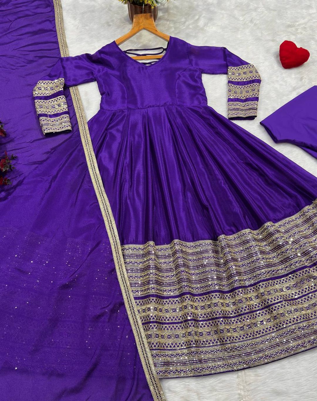 Purple Silk Anarkali Suit Set with Embroidery & Sequin Work