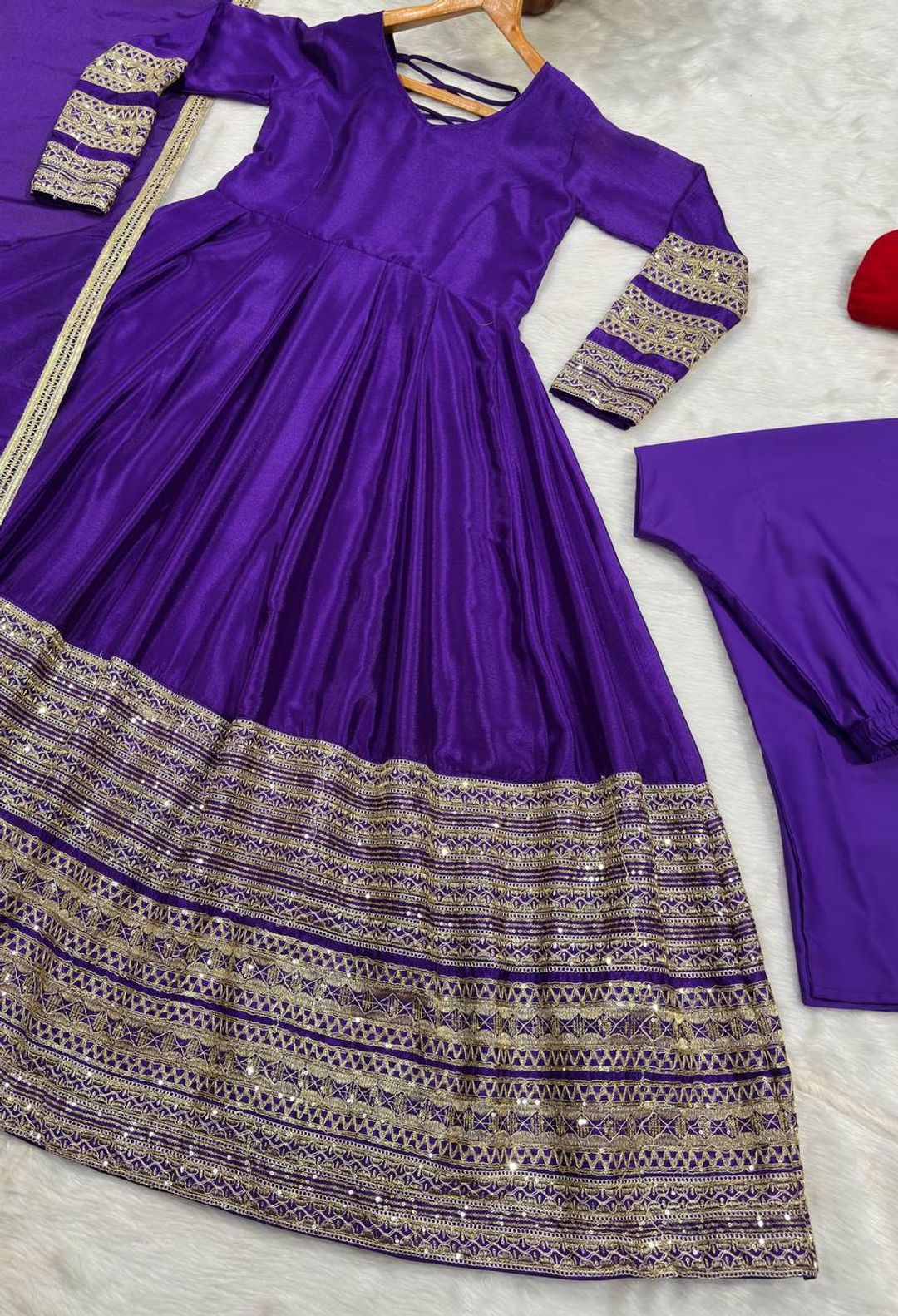 Purple Silk Anarkali Suit Set with Embroidery & Sequin Work