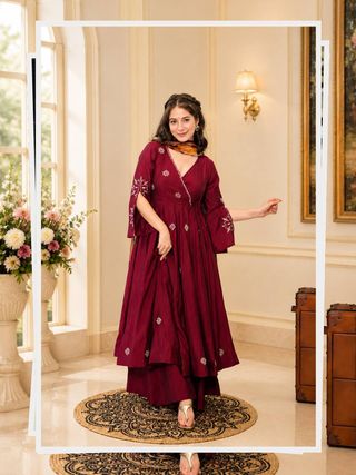 Maroon Embroidered Rayon Cotton Anarkali Suit Set | Varnavi
