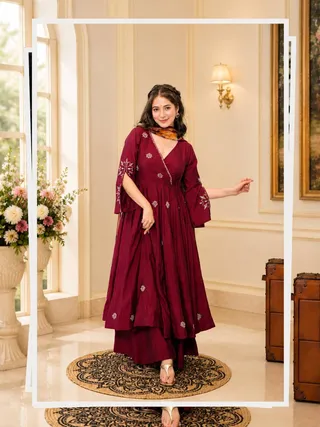 Maroon Embroidered Rayon Cotton Anarkali Suit Set | Varnavi
