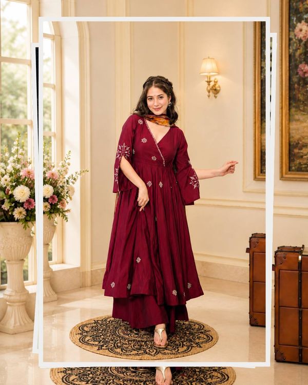 Maroon Embroidered Rayon Cotton Anarkali Suit Set | Varnavi