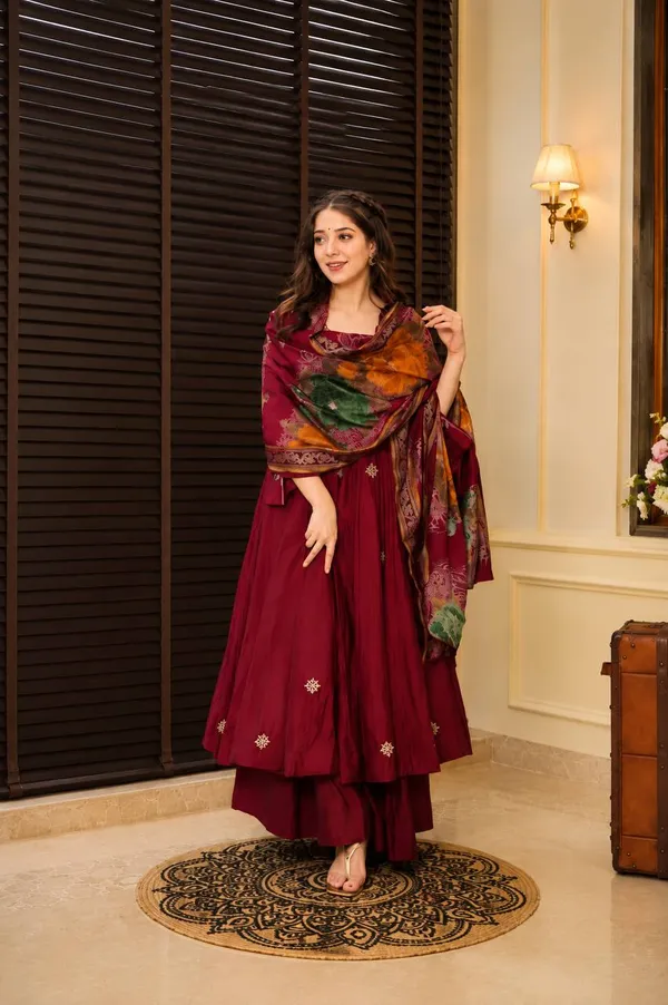 Maroon Embroidered Rayon Cotton Anarkali Suit Set | Varnavi