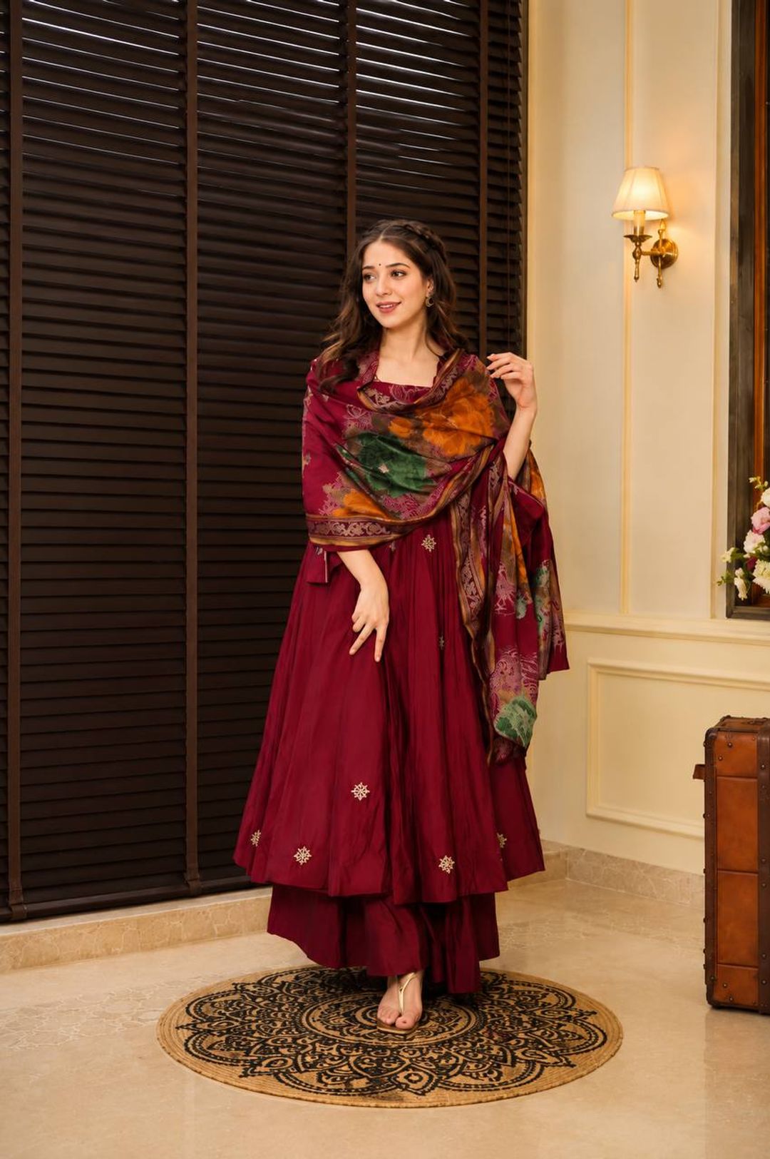 Maroon Embroidered Rayon Cotton Anarkali Suit Set | Varnavi