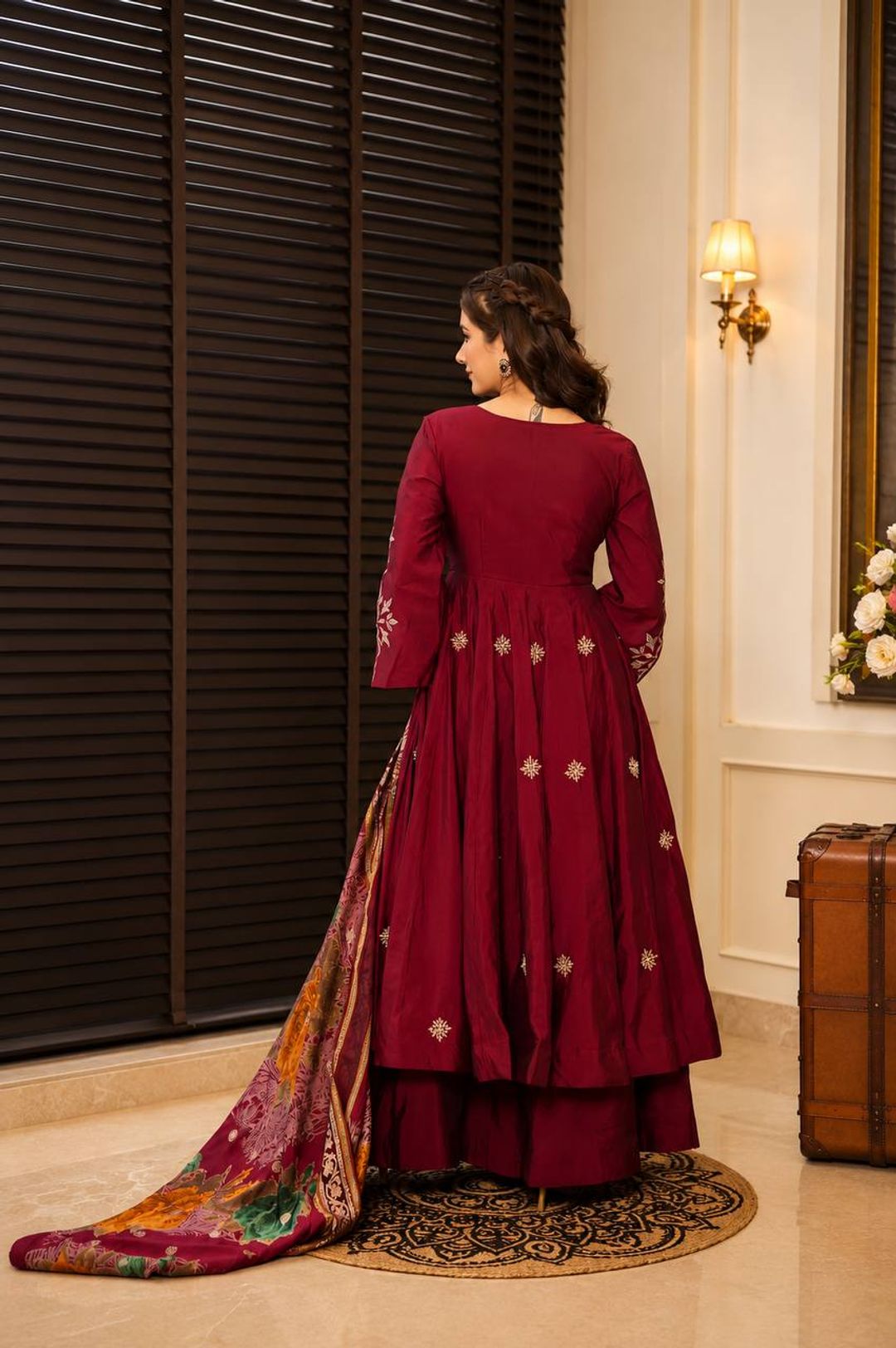 Maroon Embroidered Rayon Cotton Anarkali Suit Set | Varnavi
