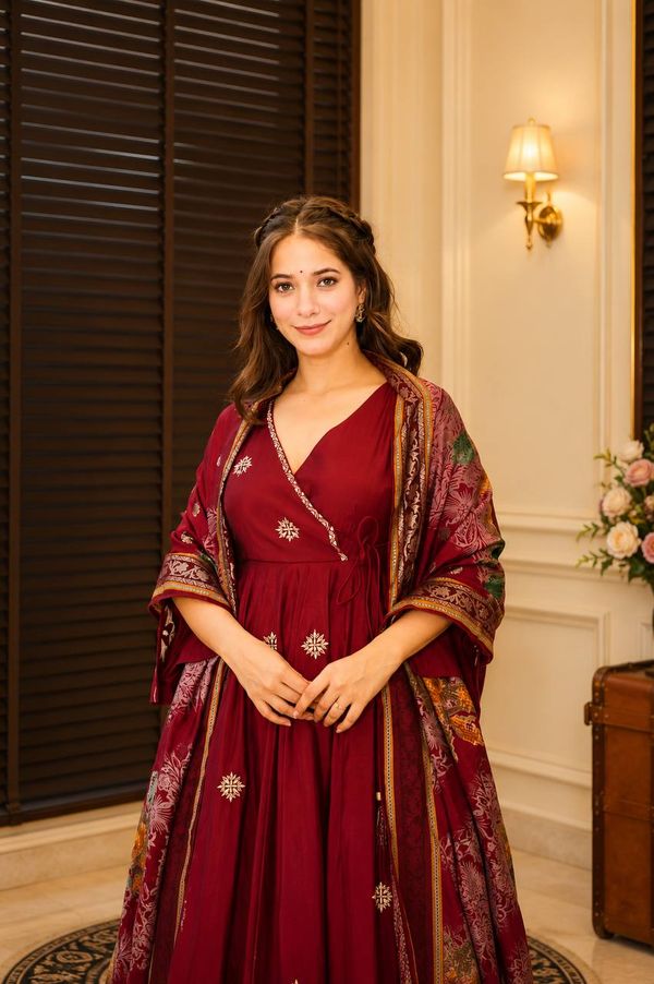 Maroon Embroidered Rayon Cotton Anarkali Suit Set | Varnavi