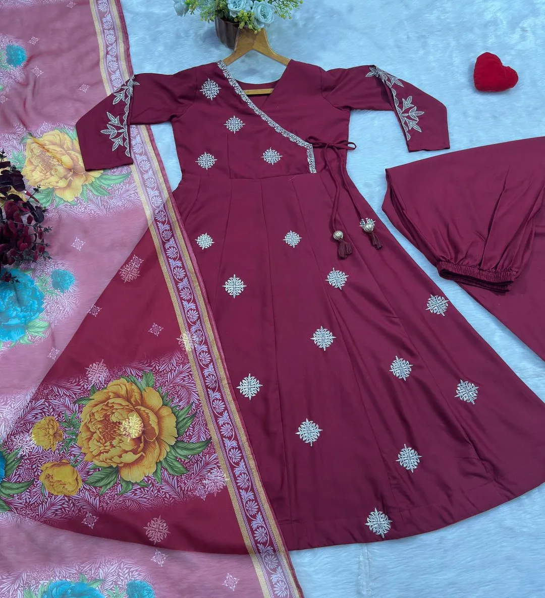 Maroon Embroidered Rayon Cotton Anarkali Suit Set | Varnavi