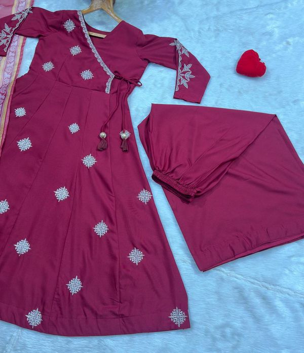 Maroon Embroidered Rayon Cotton Anarkali Suit Set | Varnavi
