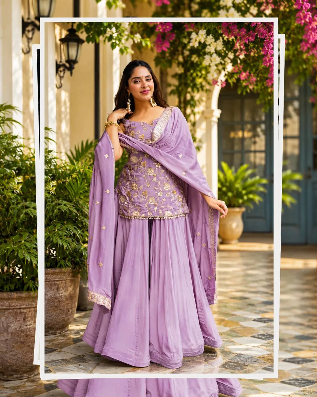 Lavender Zari Sequins Sarara 3 Piece Suit Set | Varnavi