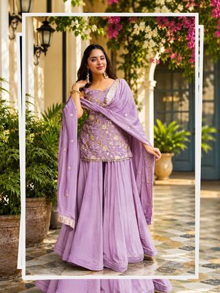 Lavender Zari Sequins Sarara 3 Piece Suit Set | Varnavi