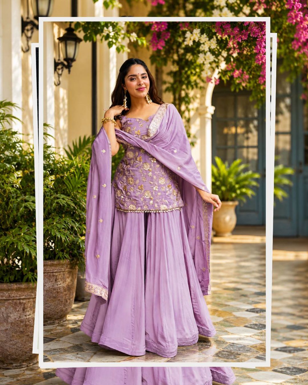 Lavender Zari Sequins Sarara 3 Piece Suit Set | Varnavi