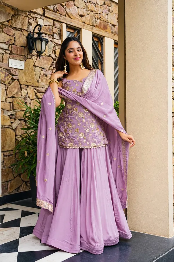 Lavender Zari Sequins Sarara 3 Piece Suit Set | Varnavi