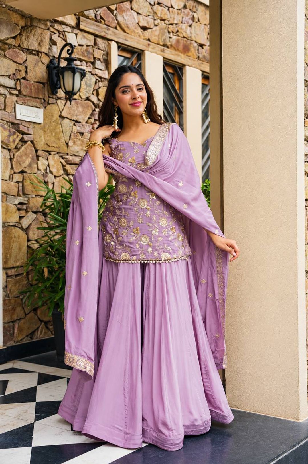 Lavender Zari Sequins Sarara 3 Piece Suit Set | Varnavi