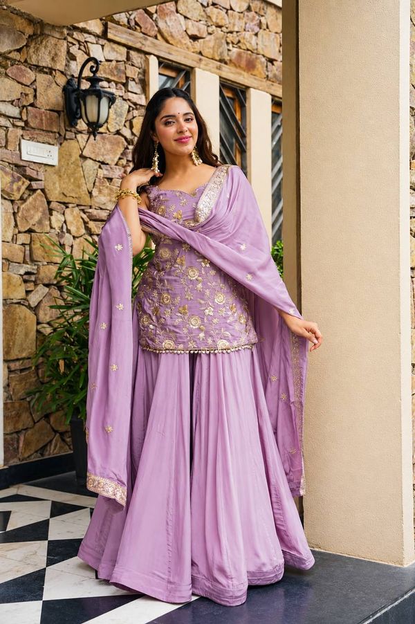Lavender Zari Sequins Sarara 3 Piece Suit Set | Varnavi