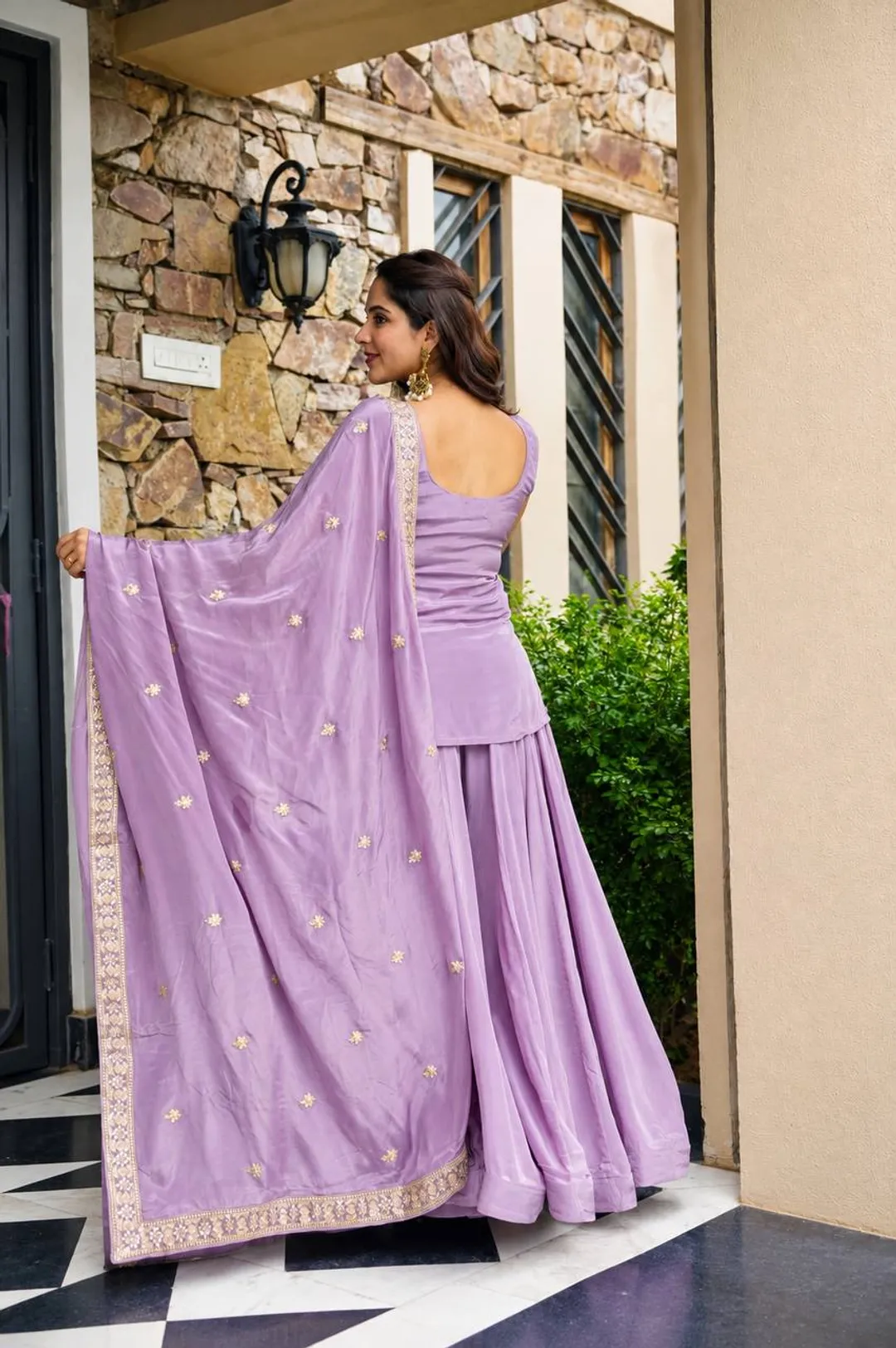 Lavender Zari Sequins Sarara 3 Piece Suit Set | Varnavi