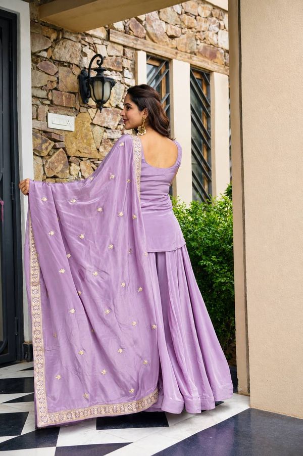 Lavender Zari Sequins Sarara 3 Piece Suit Set | Varnavi
