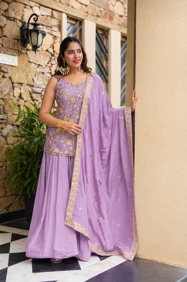 Lavender Zari Sequins Sarara 3 Piece Suit Set | Varnavi