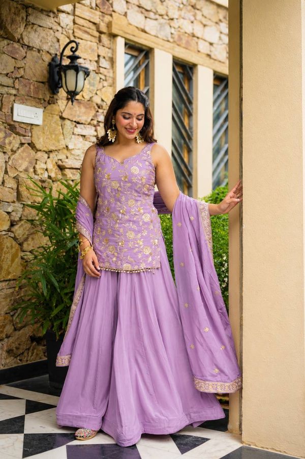 Lavender Zari Sequins Sarara 3 Piece Suit Set | Varnavi